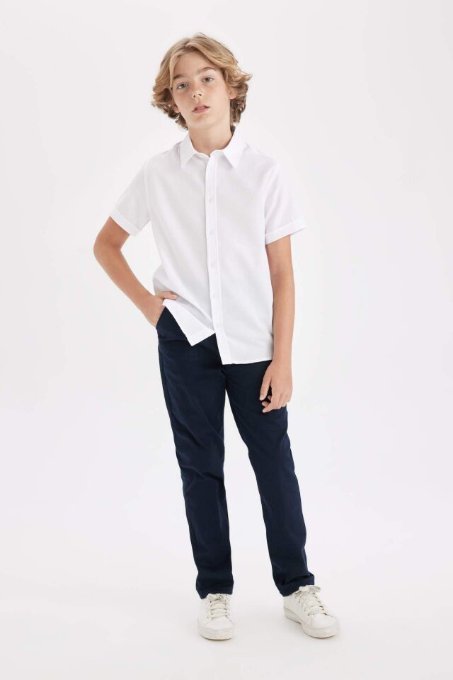 Erkek Çocuk Düz Paça Beli Lastikli Cepli Lacivert Basic Düz Gabardin Okul Pantolonu