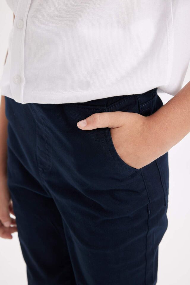 Erkek Çocuk Düz Paça Beli Lastikli Cepli Lacivert Basic Düz Gabardin Okul Pantolonu