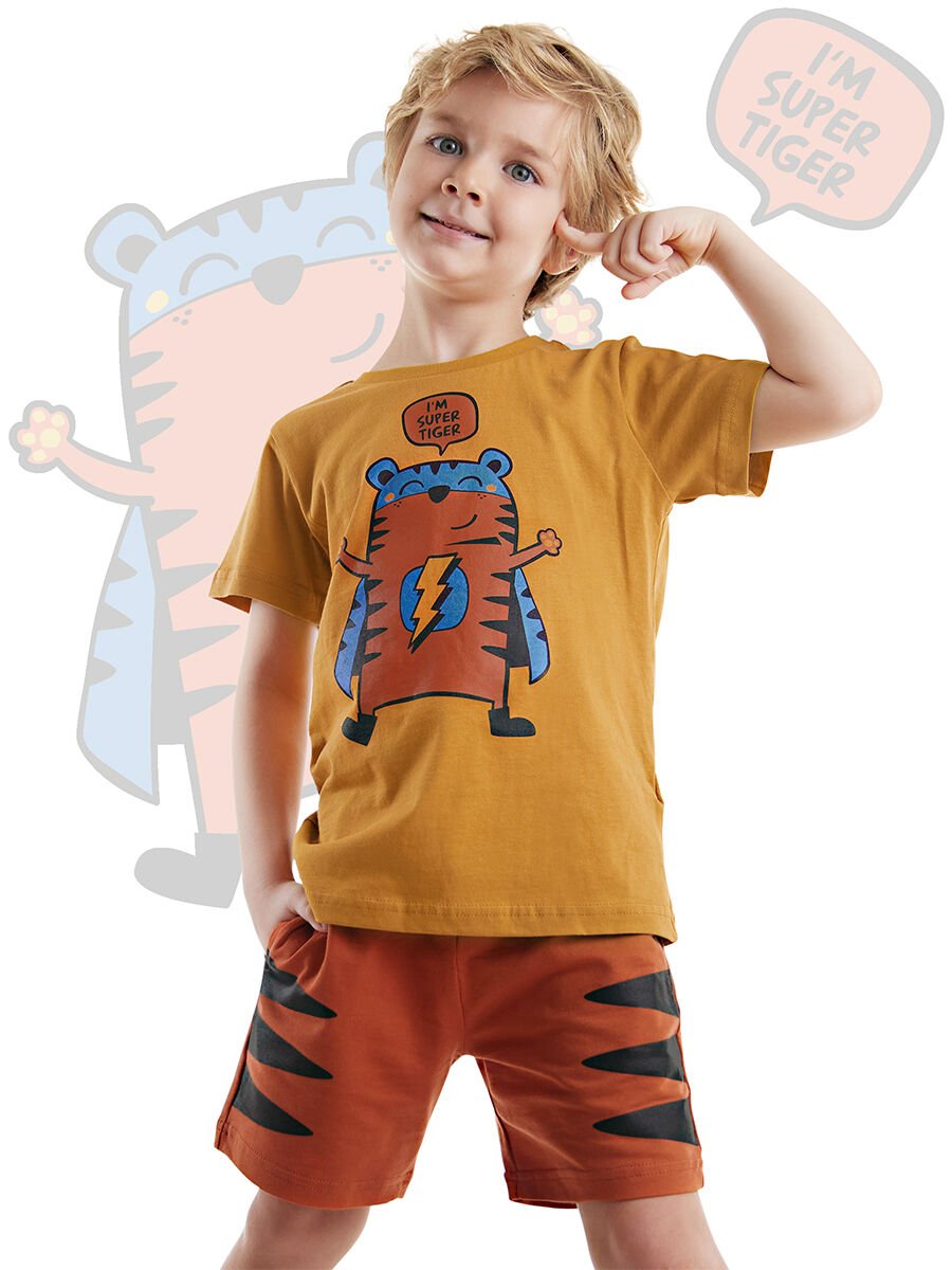 Super Tiger Erkek Çocuk T-shirt Şort Takım 6 Y - Hardal, Kiramit