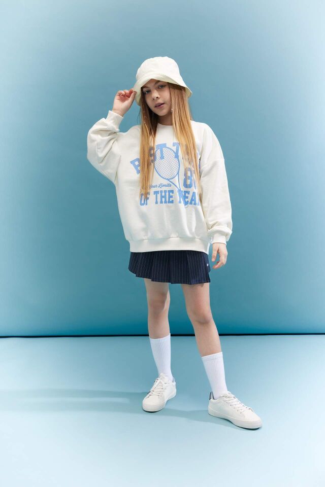 Kız Çocuk Oversize Geniş Kalıp Bisiklet Yaka Baskılı Sweatshirt
