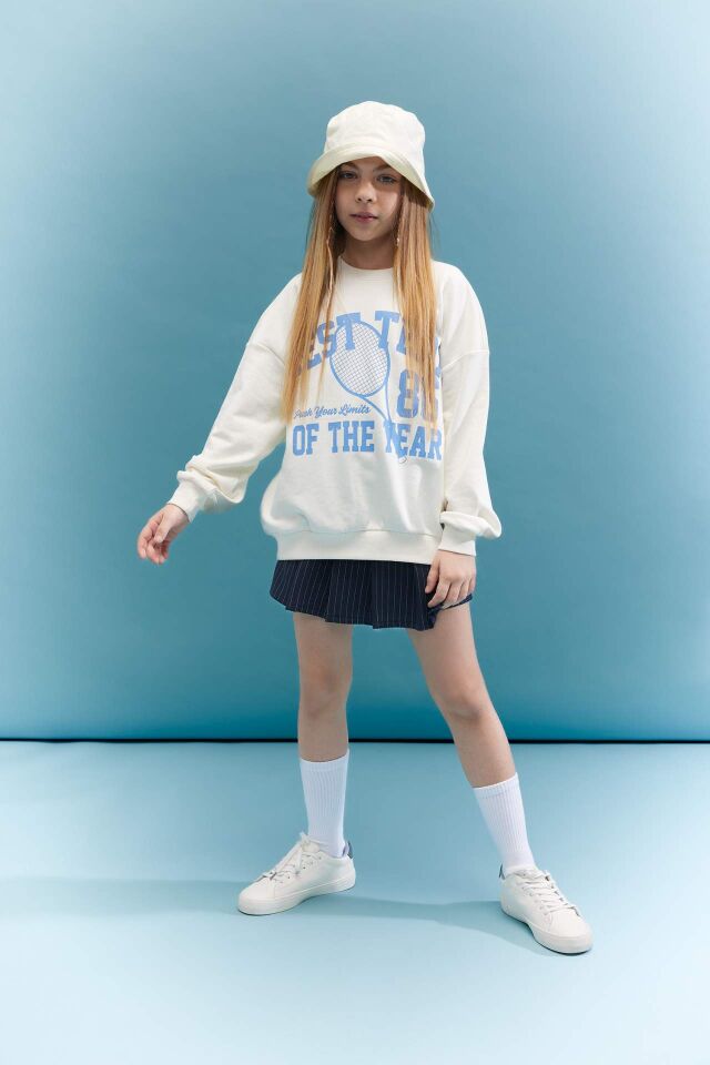 Kız Çocuk Oversize Geniş Kalıp Bisiklet Yaka Baskılı Sweatshirt