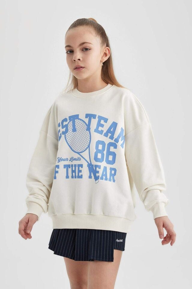 Kız Çocuk Oversize Geniş Kalıp Bisiklet Yaka Baskılı Sweatshirt