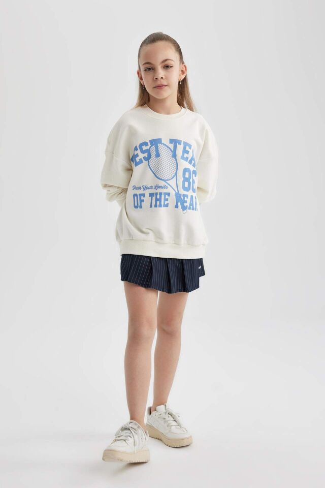 Kız Çocuk Oversize Geniş Kalıp Bisiklet Yaka Baskılı Sweatshirt