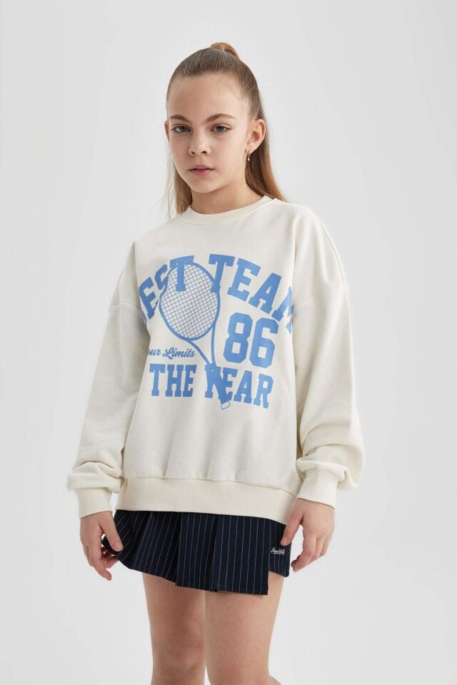 Kız Çocuk Oversize Geniş Kalıp Bisiklet Yaka Baskılı Sweatshirt