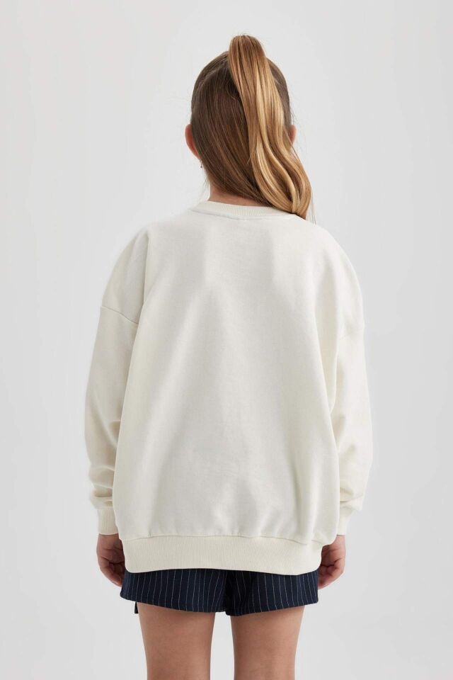 Kız Çocuk Oversize Geniş Kalıp Bisiklet Yaka Baskılı Sweatshirt