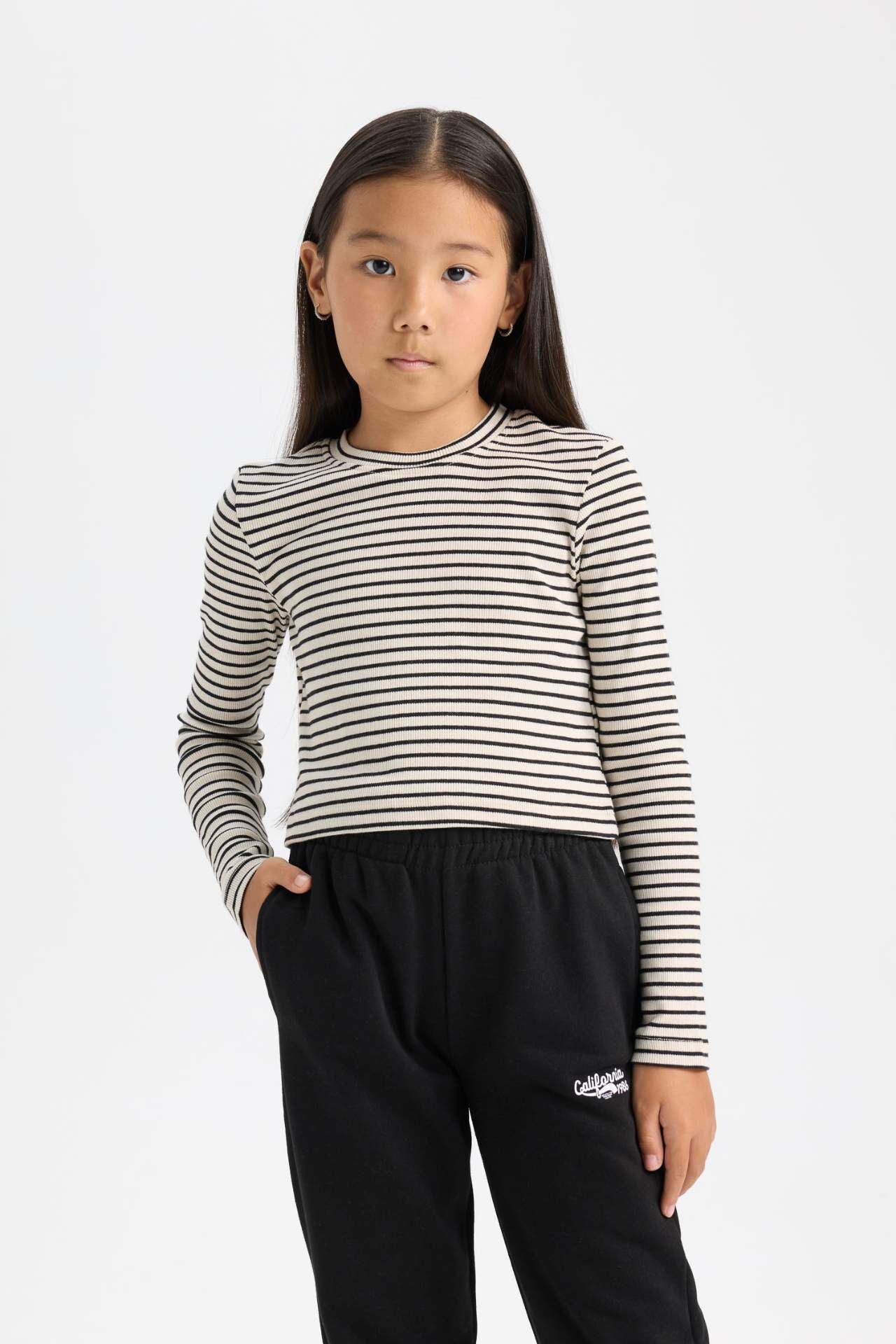 Kız Çocuk Cropped Fit Polo Yaka Çizgili Fitilli Kaşkorse Uzun Kollu Tişört