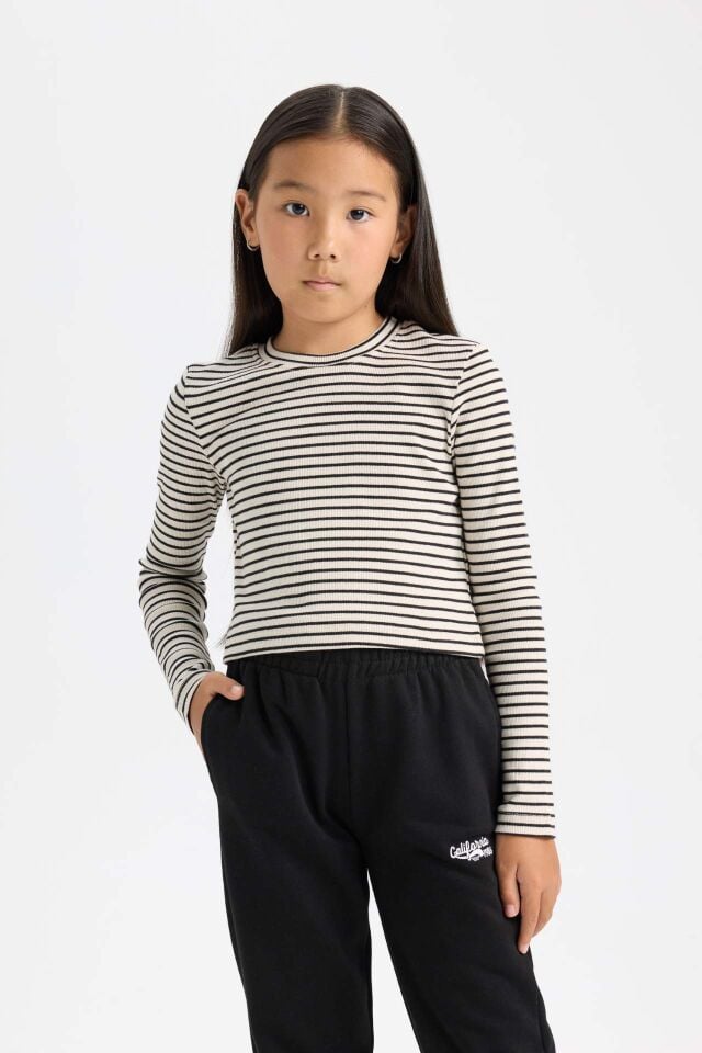 Kız Çocuk Cropped Fit Polo Yaka Çizgili Fitilli Kaşkorse Uzun Kollu Tişört