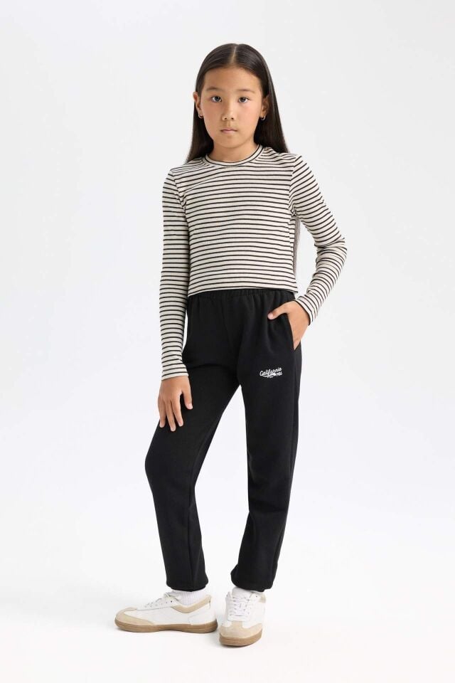Kız Çocuk Cropped Fit Polo Yaka Çizgili Fitilli Kaşkorse Uzun Kollu Tişört