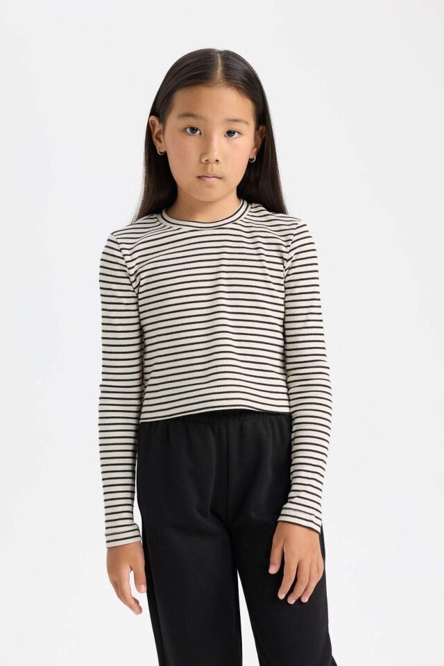 Kız Çocuk Cropped Fit Polo Yaka Çizgili Fitilli Kaşkorse Uzun Kollu Tişört