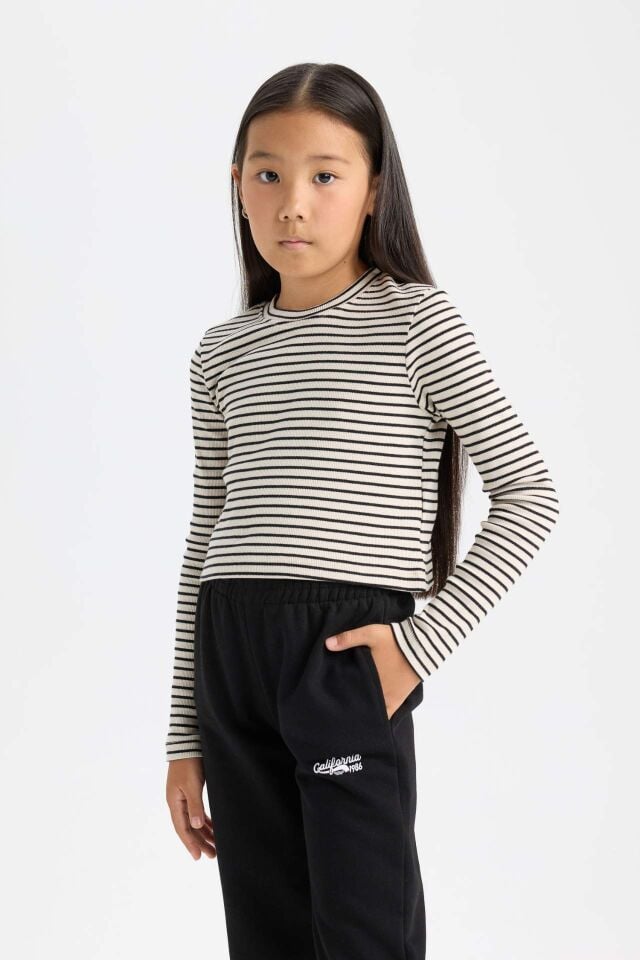 Kız Çocuk Cropped Fit Polo Yaka Çizgili Fitilli Kaşkorse Uzun Kollu Tişört