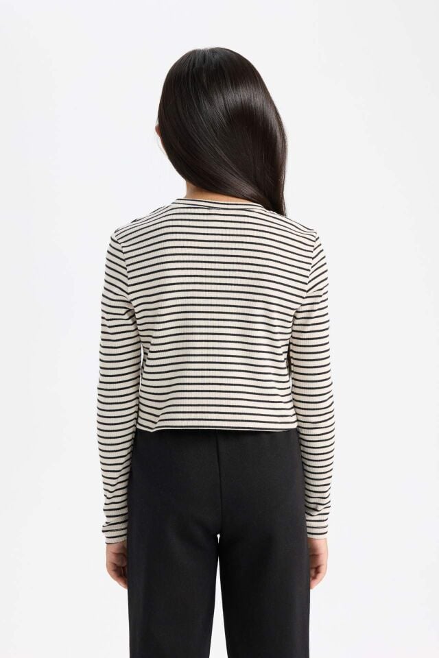 Kız Çocuk Cropped Fit Polo Yaka Çizgili Fitilli Kaşkorse Uzun Kollu Tişört