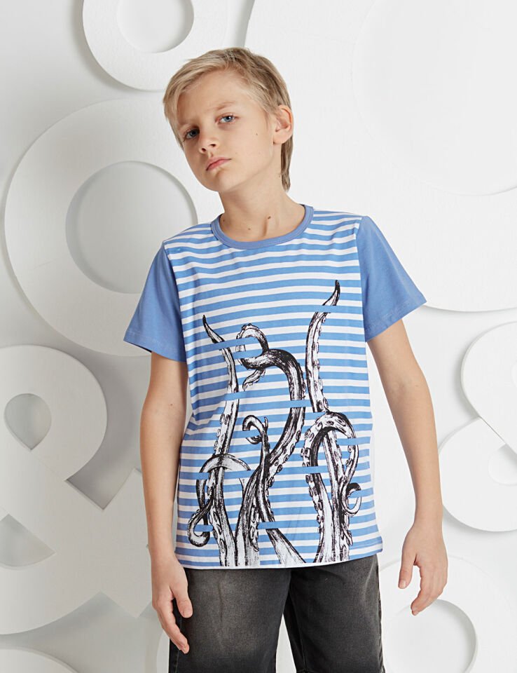 Octopus Erkek Çocuk T-Shirt 8 Y - Mavi&Beyaz&Siyah