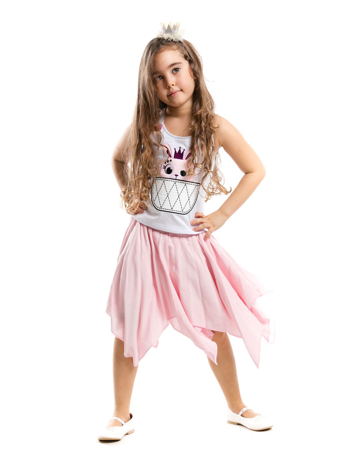 Rocker Bunny Kız Çocuk T-shirt Mendil Etek Takım 2 Y - Beyaz, Mavi