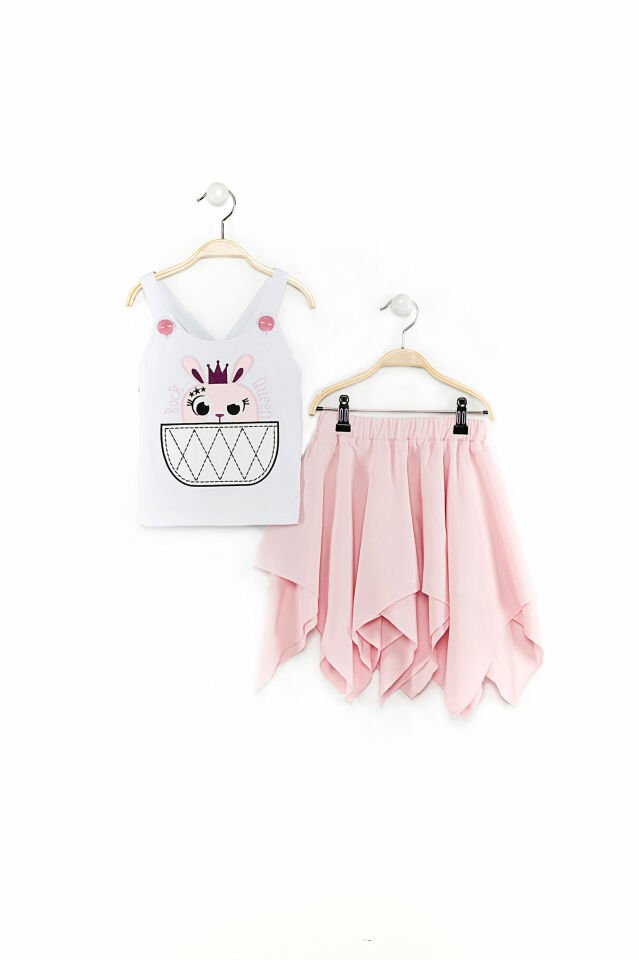 Rocker Bunny Kız Çocuk T-shirt Mendil Etek Takım 2 Y - Beyaz, Mavi