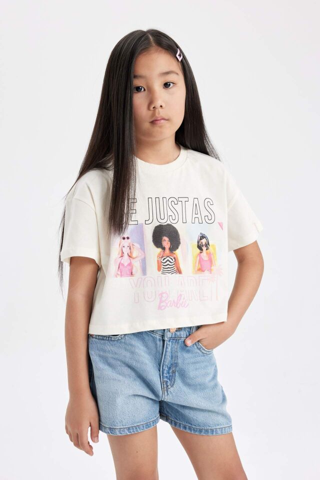 Kız Çocuk Barbie Bisiklet Yaka Kısa Kollu Tişört