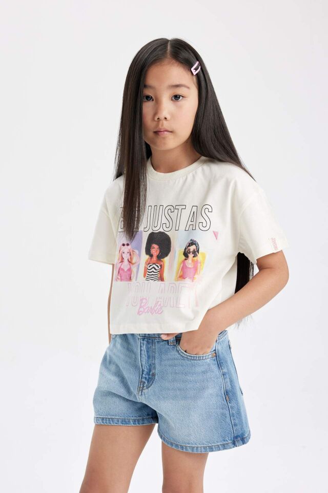 Kız Çocuk Barbie Bisiklet Yaka Kısa Kollu Tişört