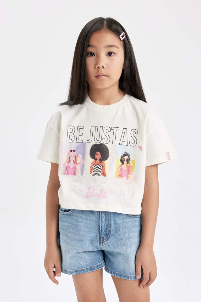 Kız Çocuk Barbie Bisiklet Yaka Kısa Kollu Tişört