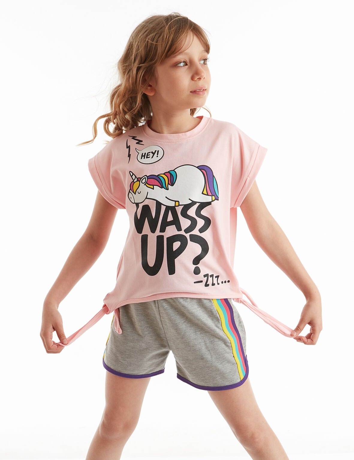 Wassup Kız Çocuk T-shirt Şort Takım 4 Y - Pembe Gri