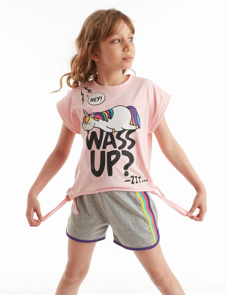 Wassup Kız Çocuk T-shirt Şort Takım 4 Y - Pembe Gri