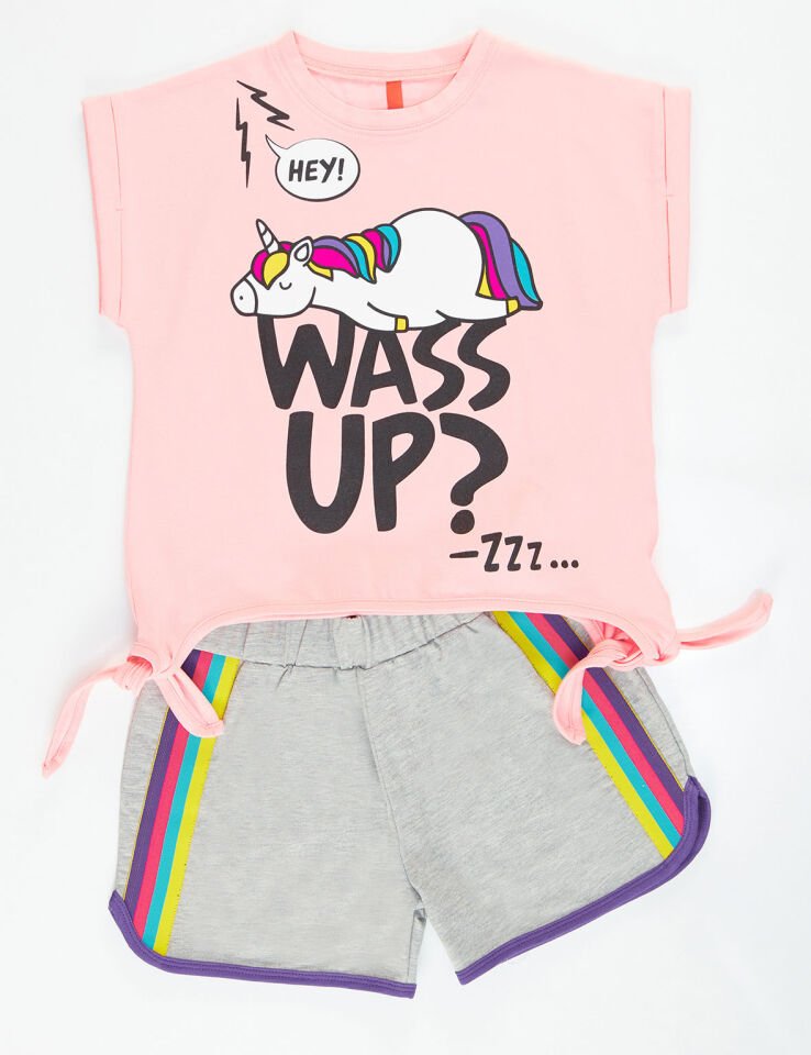 Wassup Kız Çocuk T-shirt Şort Takım 4 Y - Pembe Gri