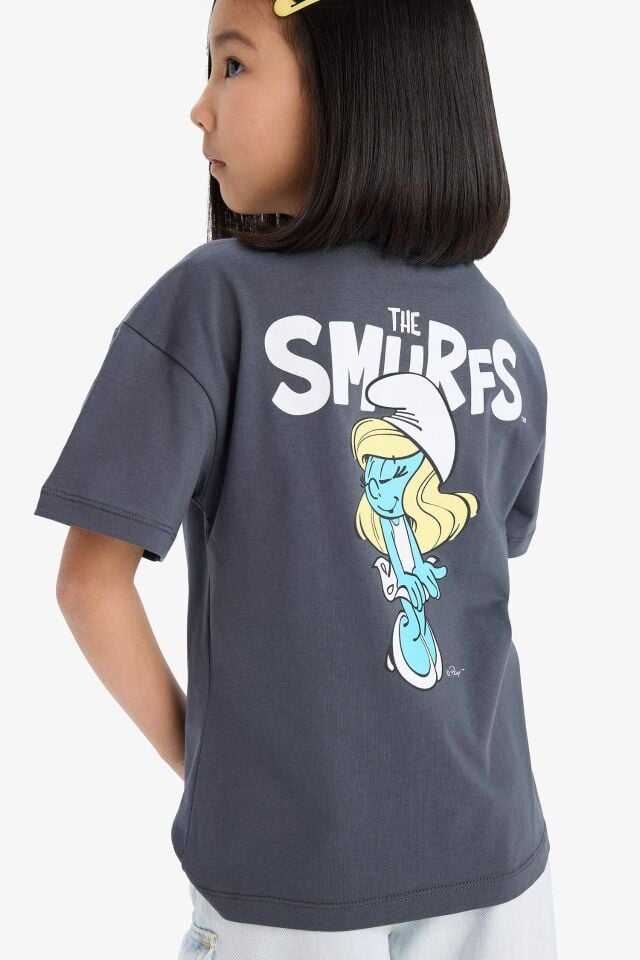 Kız Çocuk The Smurfs Relax Fit Bisiklet Yaka Sırt Baskılı Kısa Kollu Tişört