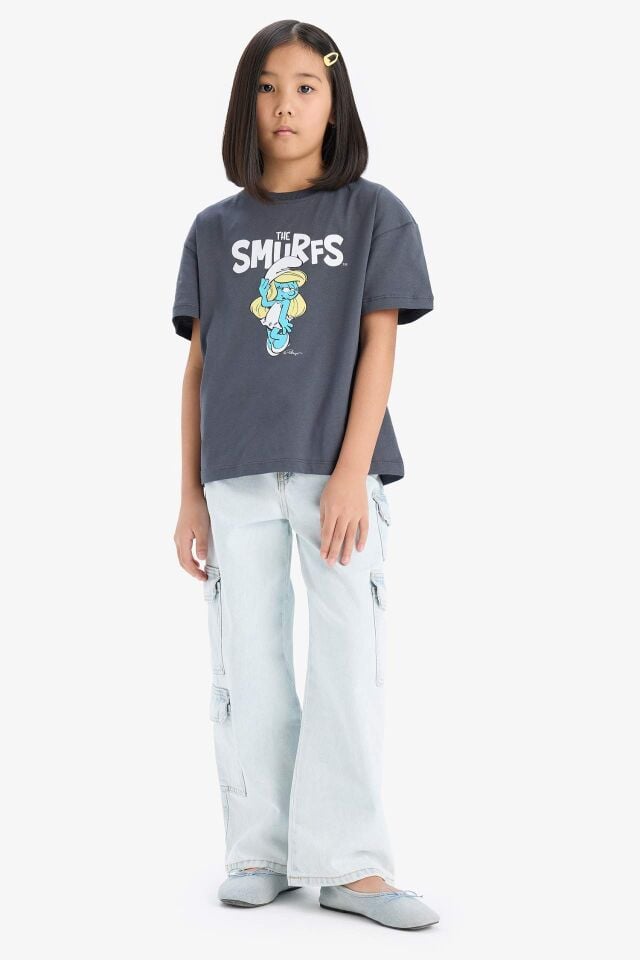 Kız Çocuk The Smurfs Relax Fit Bisiklet Yaka Sırt Baskılı Kısa Kollu Tişört