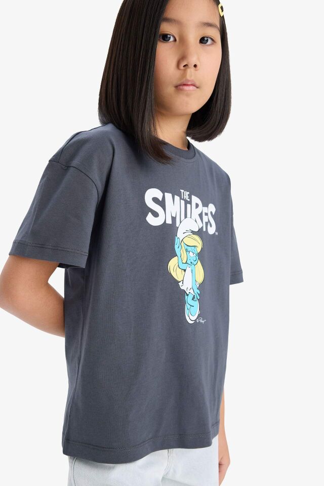 Kız Çocuk The Smurfs Relax Fit Bisiklet Yaka Sırt Baskılı Kısa Kollu Tişört