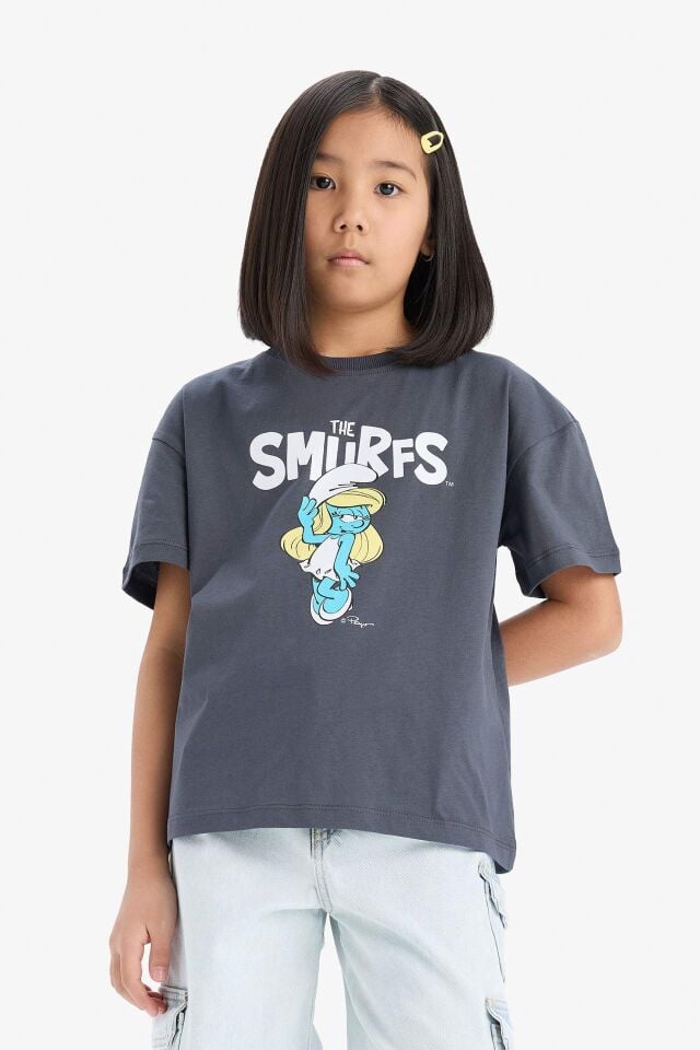 Kız Çocuk The Smurfs Relax Fit Bisiklet Yaka Sırt Baskılı Kısa Kollu Tişört