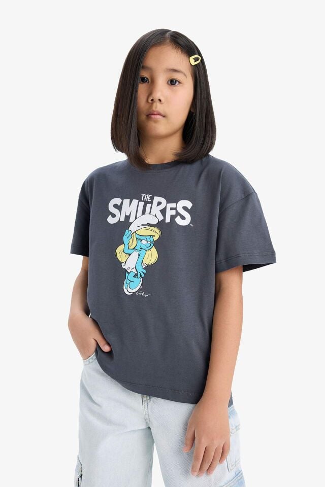 Kız Çocuk The Smurfs Relax Fit Bisiklet Yaka Sırt Baskılı Kısa Kollu Tişört