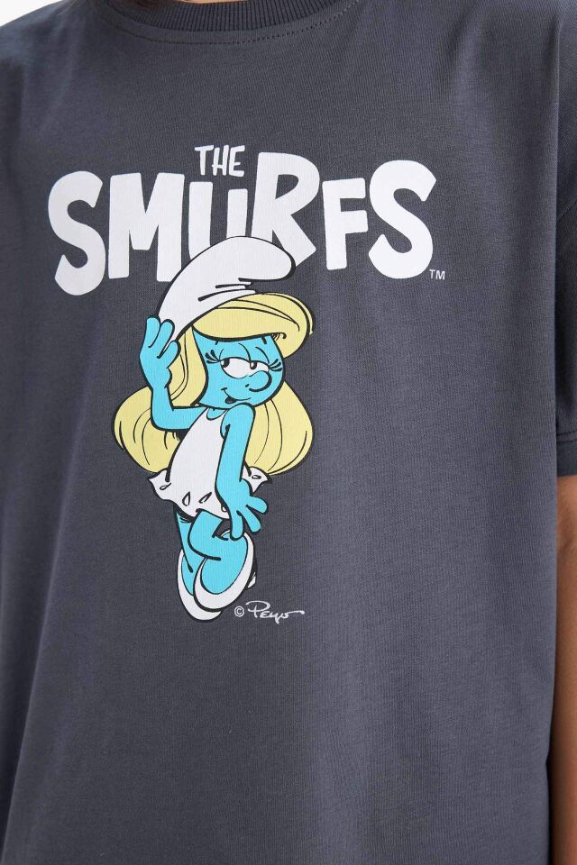 Kız Çocuk The Smurfs Relax Fit Bisiklet Yaka Sırt Baskılı Kısa Kollu Tişört