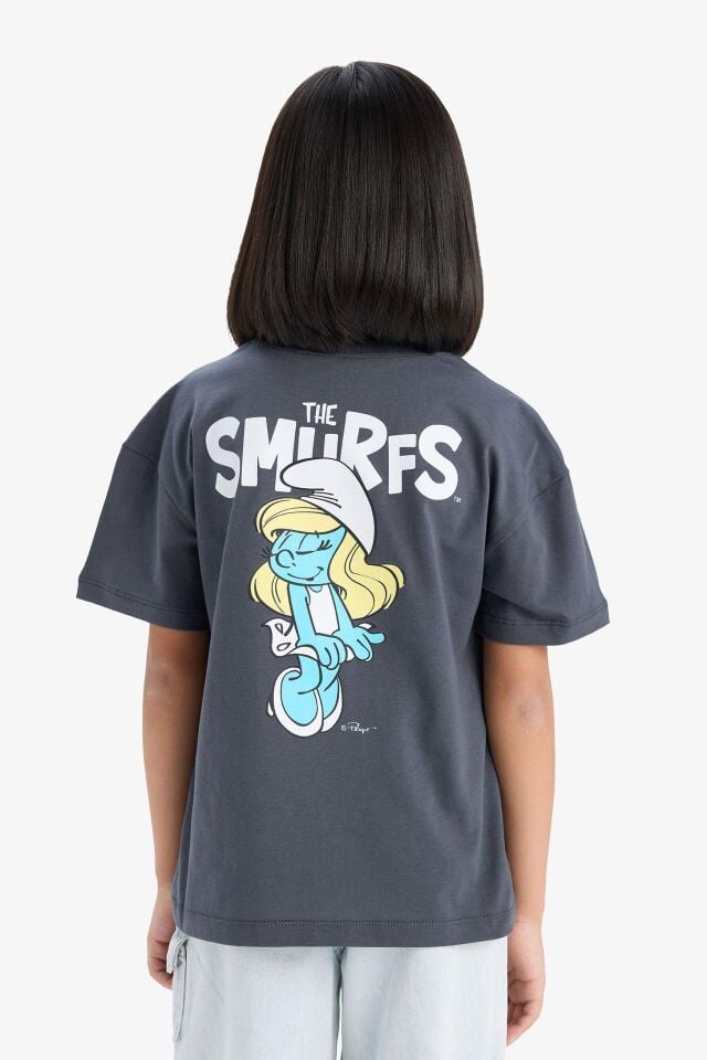 Kız Çocuk The Smurfs Relax Fit Bisiklet Yaka Sırt Baskılı Kısa Kollu Tişört