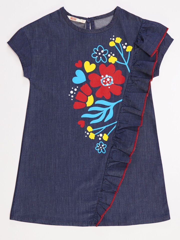 Çiçek Baskılı Kız Çocuk Denim Elbise