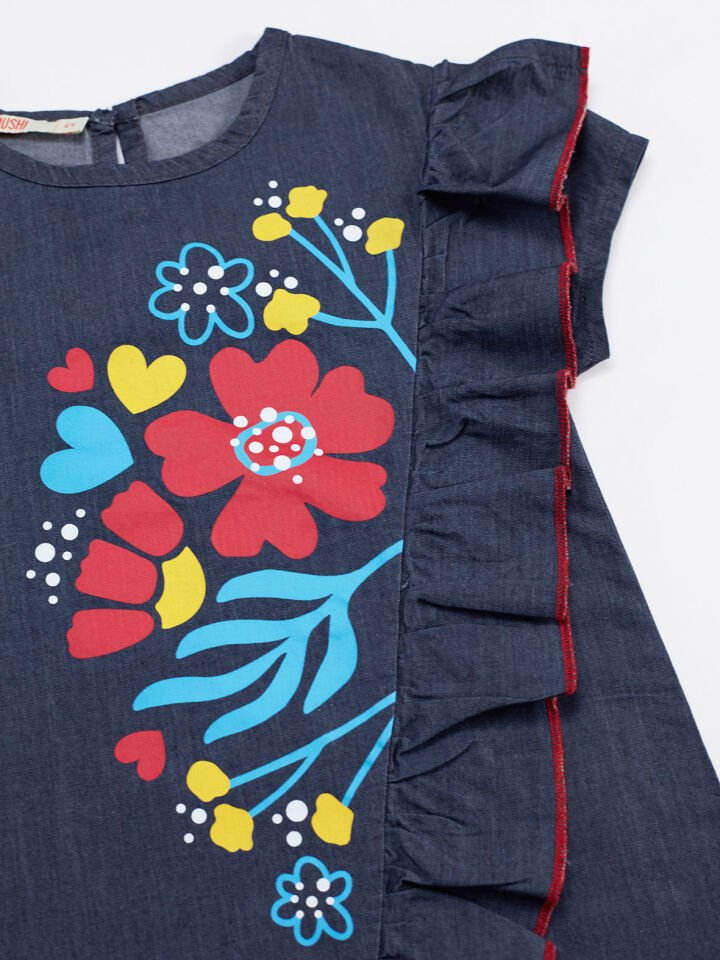 Çiçek Baskılı Kız Çocuk Denim Elbise