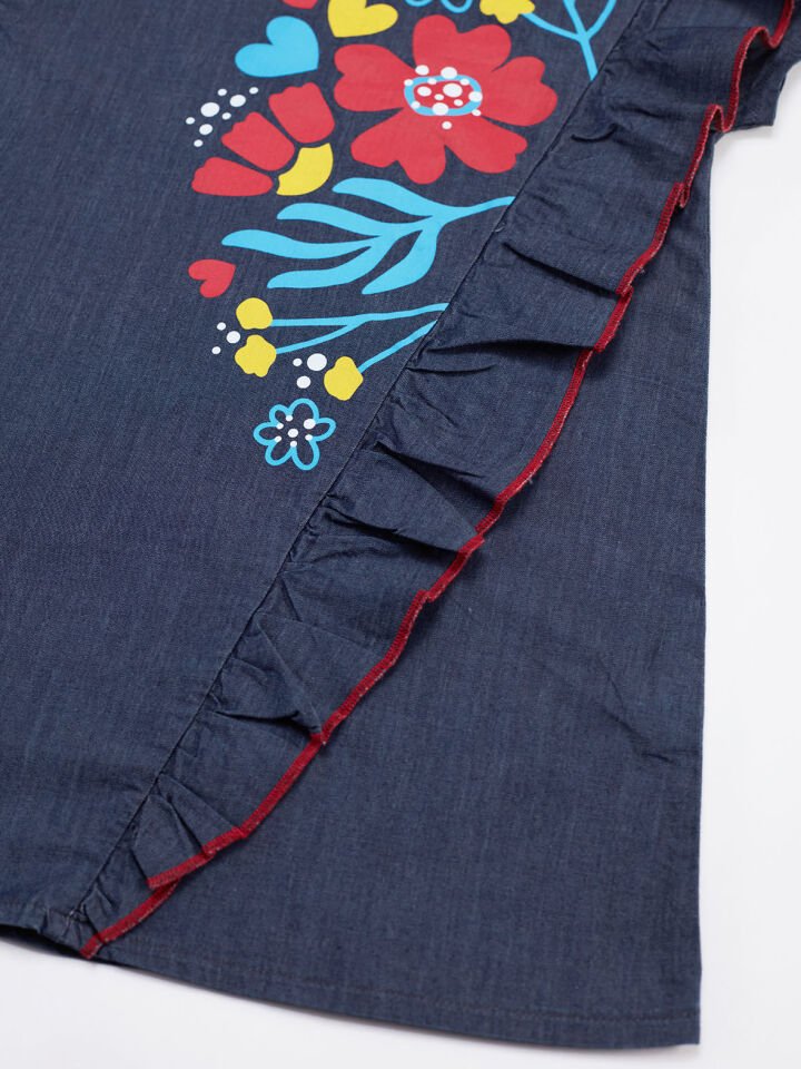 Çiçek Baskılı Kız Çocuk Denim Elbise