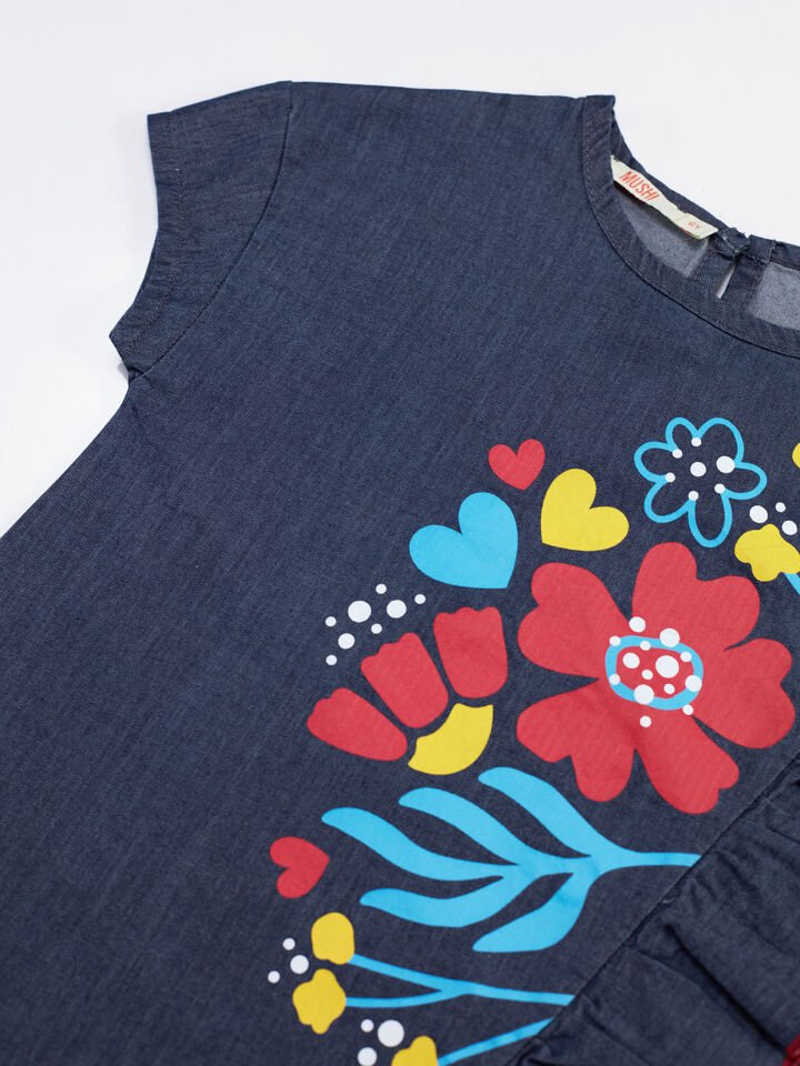 Çiçek Baskılı Kız Çocuk Denim Elbise