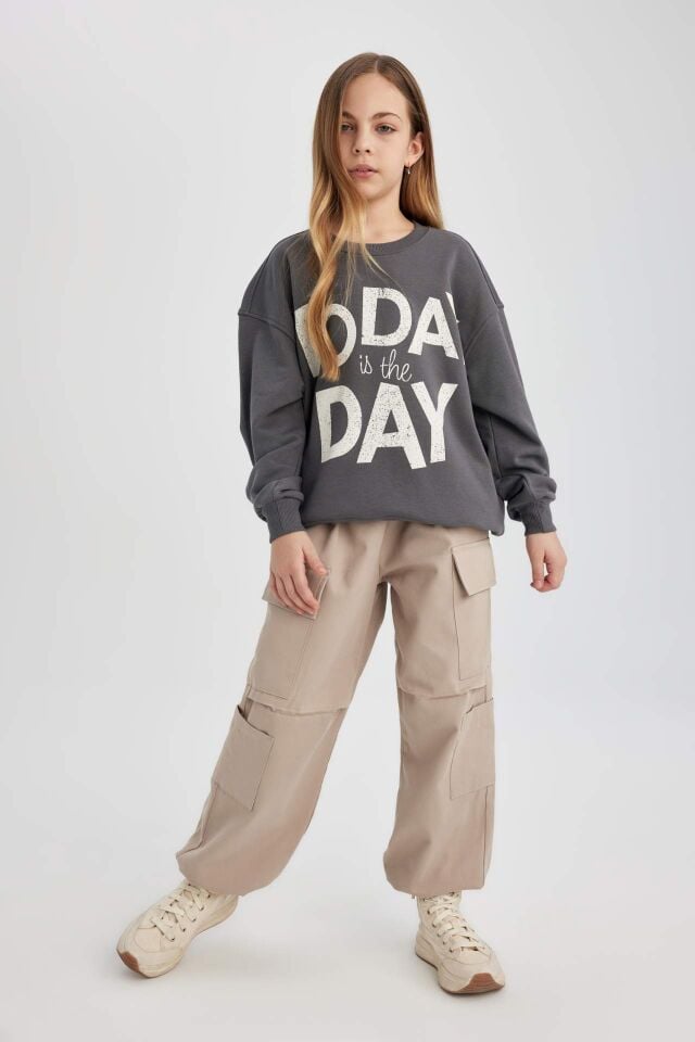 Kız Çocuk Oversize Geniş Kalıp Bisiklet Yaka Baskılı Sweatshirt