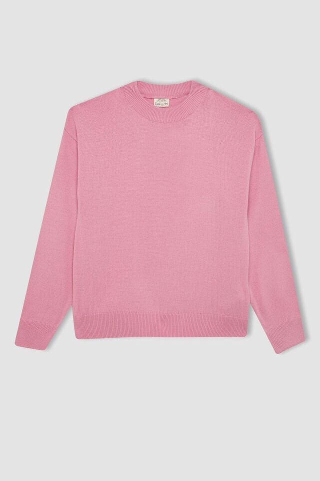Kız Çocuk Açık Pembe Standart Fit Bisiklet Yaka Basic Düz Triko Kazak