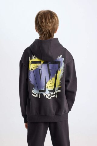 Erkek Çocuk Oversize Geniş Kalıp Sırt Baskılı Kapüşonlu Sweatshirt