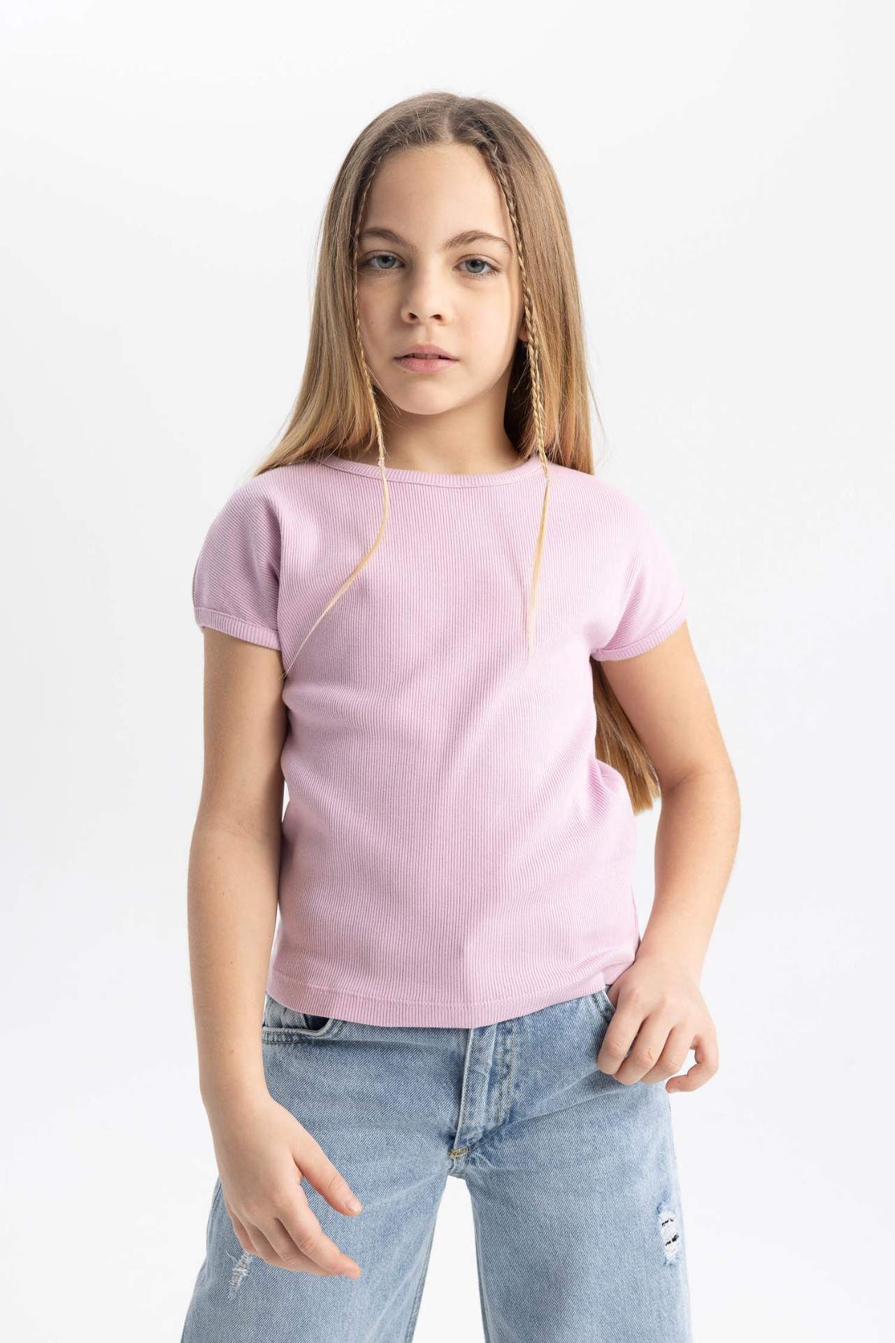 Kız Çocuk Slim Fit Dar Kesim Bisiklet Yaka Basic Düz Fitilli Kaşkorse Kısa Kollu Tişört