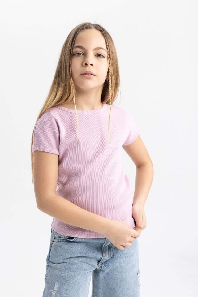 Kız Çocuk Slim Fit Dar Kesim Bisiklet Yaka Basic Düz Fitilli Kaşkorse Kısa Kollu Tişört