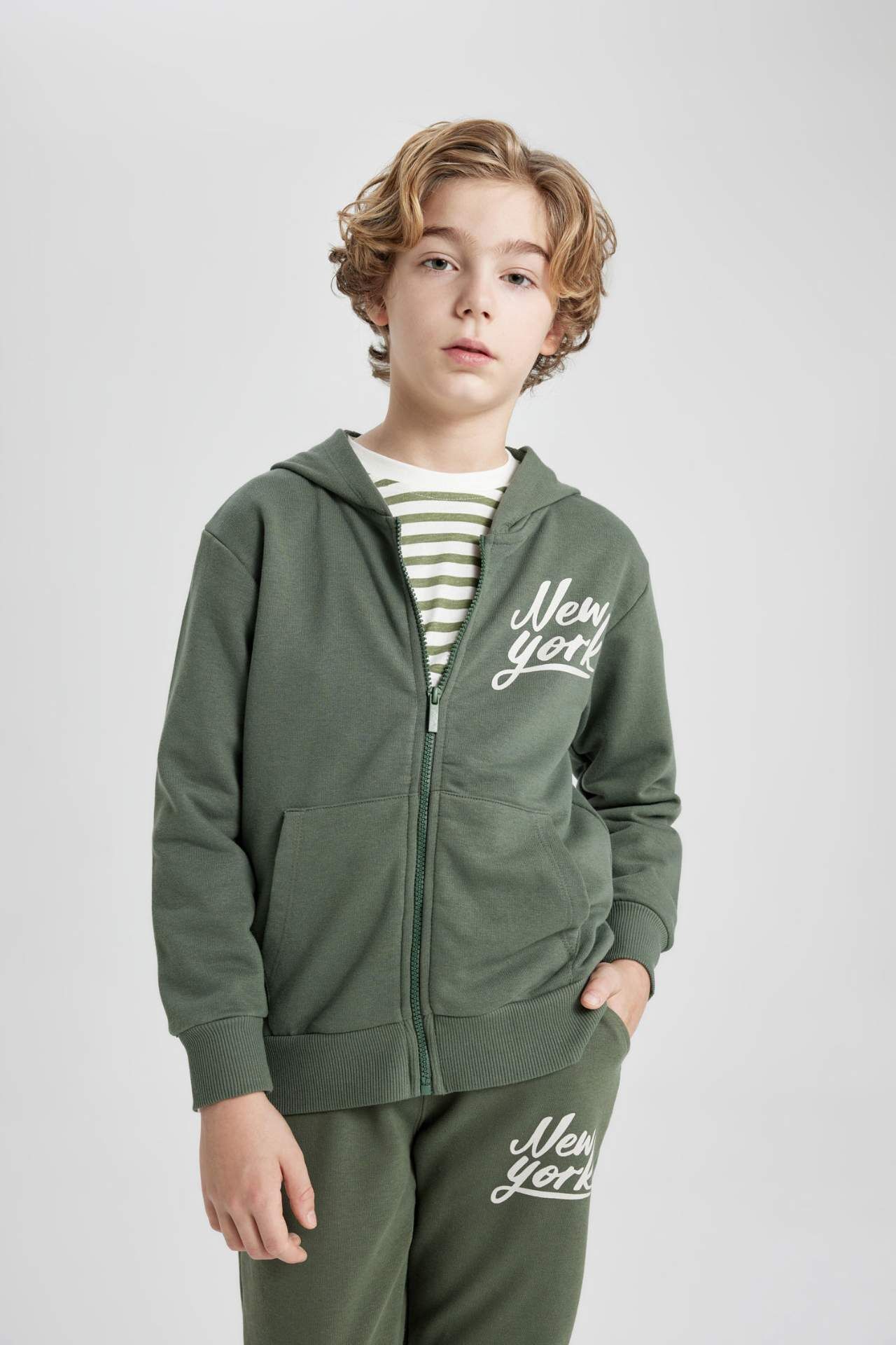 Erkek Çocuk Kapüşonlu Baskılı Fermuarlı Sweatshirt