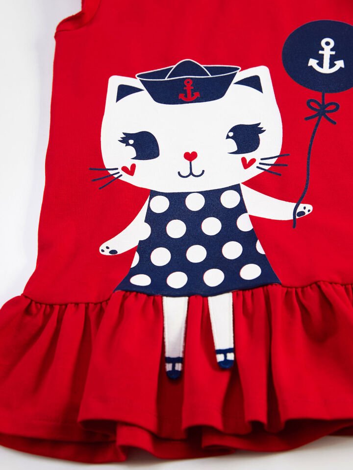 Denizci Kedi Kız Çocuk Tunik Tayt Takım 5 Y - Kırmızı, Lacivert