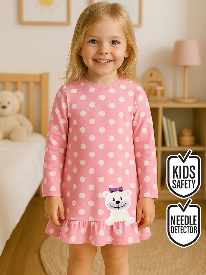 Ayıcık Kız Bebek Puantiyeli Pembe Elbise 24-36 M - Pembe