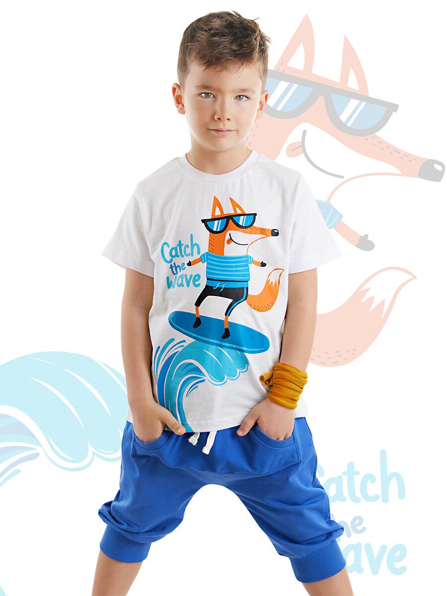 Surf Fox Erkek Çocuk T-shirt Kapri Şort Takım 7 Y - Mavi, Beyaz