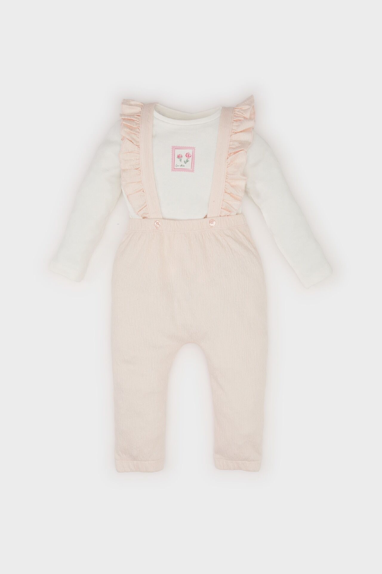 Kız Bebek 2'li Takım Çiçekli Uzun Kollu Krinkıl Kumaş Tişört Salopet Tulum