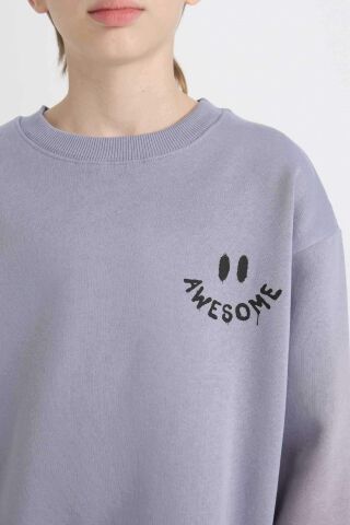 Erkek Çocuk Oversize Geniş Kalıp Bisiklet Yaka Sırt Baskılı Kalın Sweatshirt