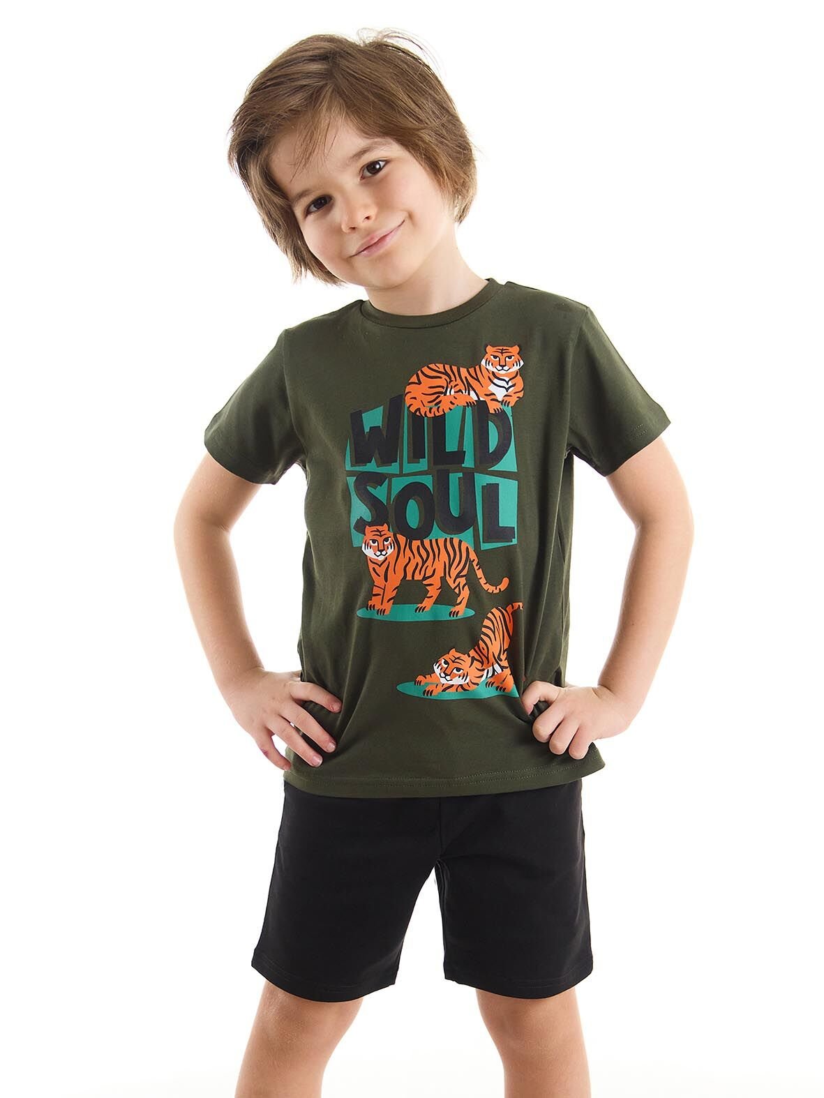 Üç Kaplan Erkek Çocuk T-Shirt Şort Takım 7 Y - Haki, Siyah
