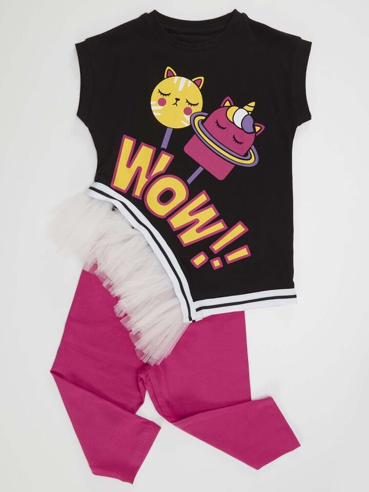 Wow Tüllü Kız Çocuk T-Shirt Pembe Tayt Takım