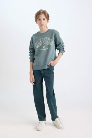 Erkek Çocuk Bisiklet Yaka Baskılı Kalın Sweatshirt