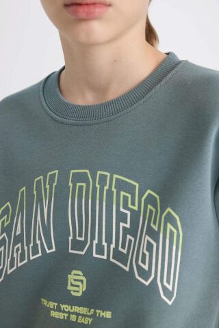 Erkek Çocuk Bisiklet Yaka Baskılı Kalın Sweatshirt
